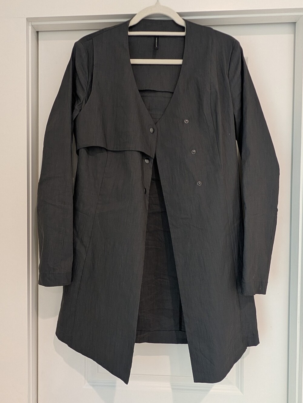 Sarah Pacini Dark Gray Long Fitted Flare Asymmetrical Trench Coat Dress